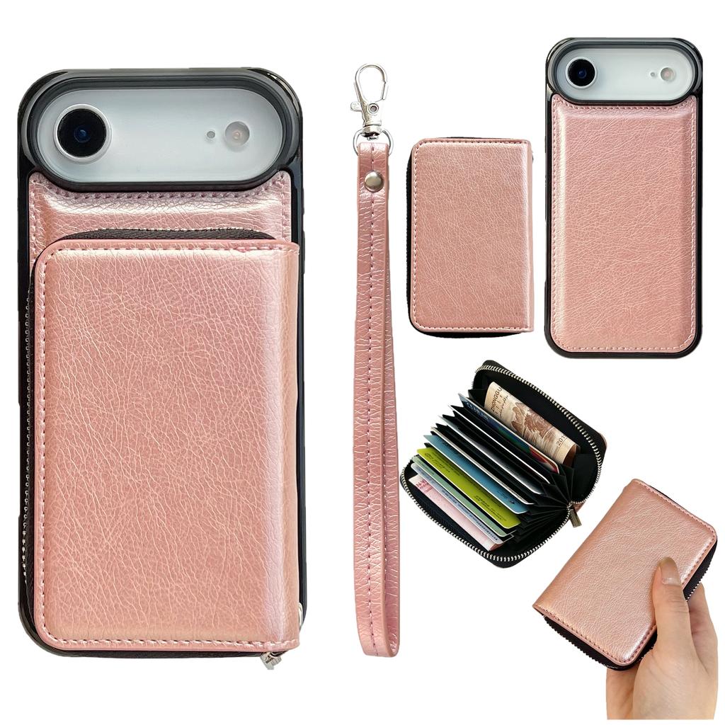 For iPhone Air Case Detachable Zipper Card Bag PU TPU Kickstand Phone Case with Strap