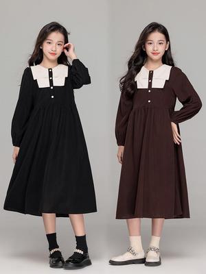 2025 Herbst/Winter Französisches Cord Prinzessinnenkleid für Mittlere & Große Mädchen - Schwarzer Schleifkragen, Elegantes Langes Spleißdesign.