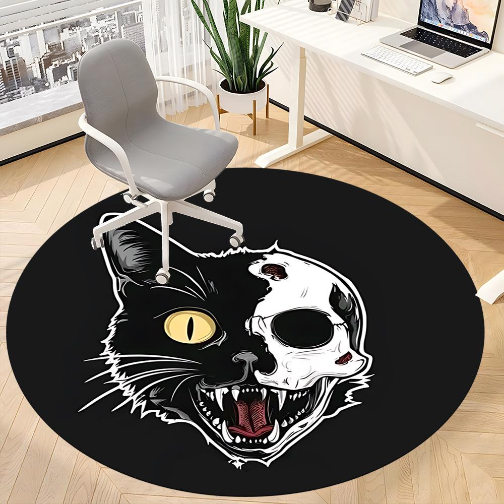 1pc Cat Skull Office Round Area Rug, Indoor Mat Suitable ForOffice, Under Office Chairs Bedroom Living Room Home Decor, Room Deco u69