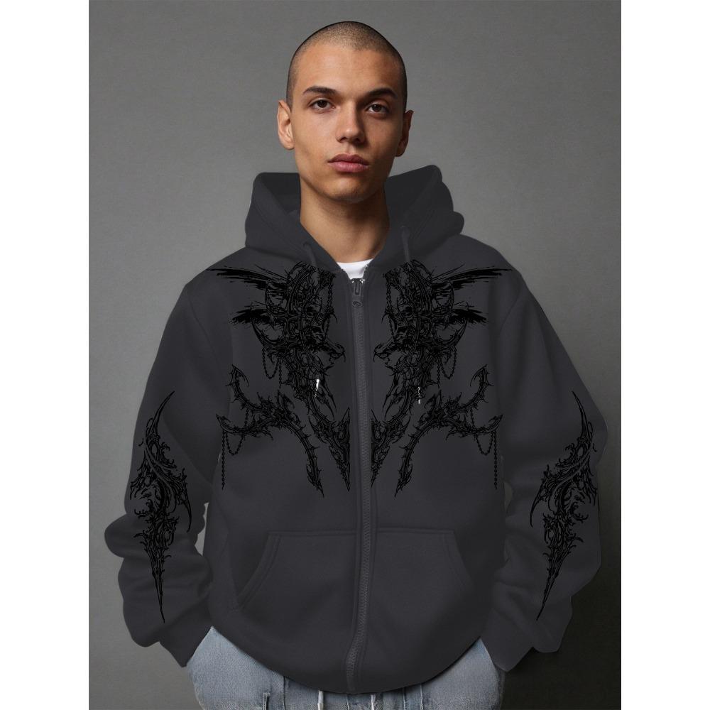 Men's Dark Campus Fashion Style Printed Zip-Up Hoodie, New for Spring and Autumn