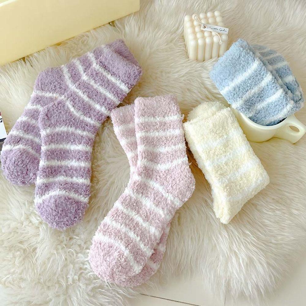 6Pairs Patchwork Thicken Velvet Socks Stripe Sleeping Socks Warm Coral Fleece Socks  Women