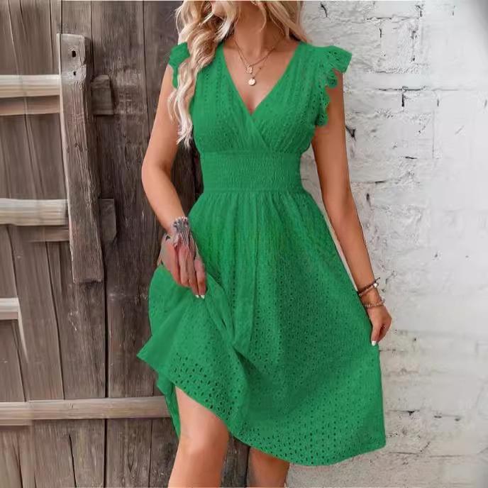 VEZFAA Kadın Moda Yaz Bahar Düz Renk Baskı Kolsuz V Yaka Yüksek Bel Günlük Elbiseler