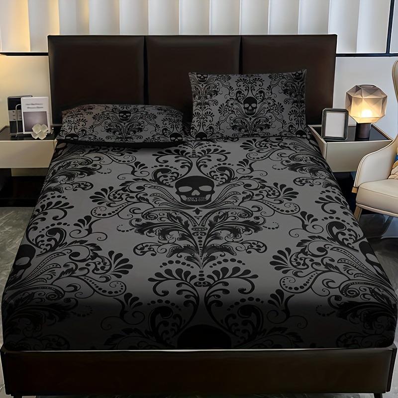 Skull Floral Design Bed Sheet Set 100% Polyester Digital Print Breathable All-Season Fitted Shee Pillowcase Machine Washable