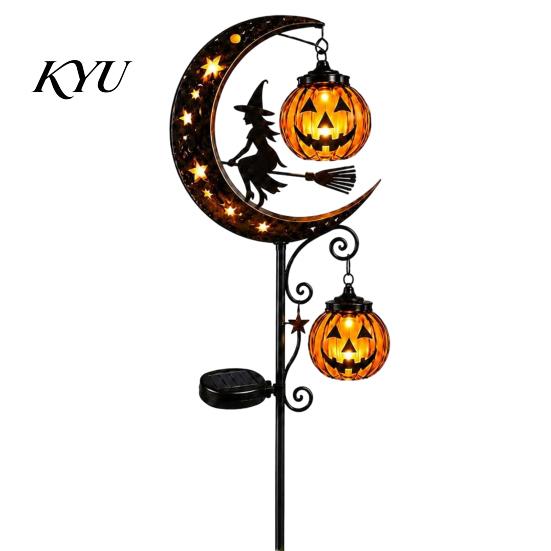 Decorative Stakes for Flower Beds Solar Halloween White Ghost Pumpkin Moon Garden Stake Light, Waterproof LED Glowing Landscape Lights Yard