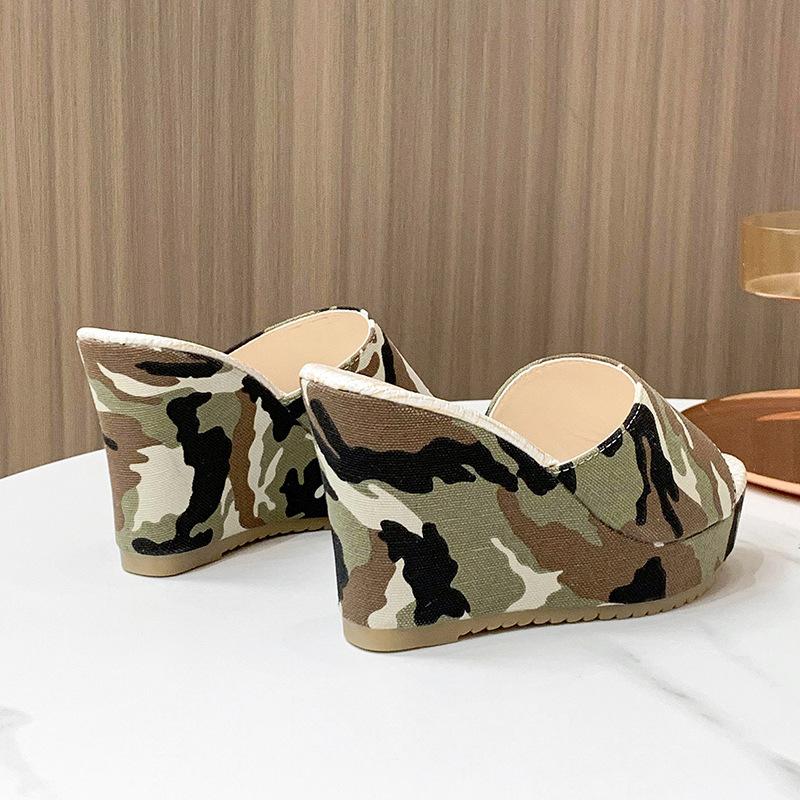

Wedge heel large size cool slippers women s summer new denim slippers women s one-word outer slippers 35