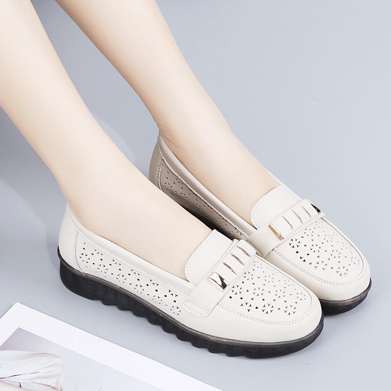 Leder Weichsohlen Doudou Schuhe Ein-Pedal Damen Schuhe Rutschfeste Flachsohlen Einzelne Schuhe Leicht und Bequem Schuhe für Mütter mittleren Alters
