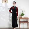 Elegant Velvet Cheongsam Dress Women 2025 Retro High Waist Fishtail Silhouette Stand Collar Nine-Sleeve