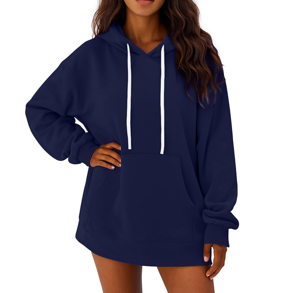 Women's Solid Color Long Sleeved Loose Casual Mid Length Pullover Hoodie Sweatshirt