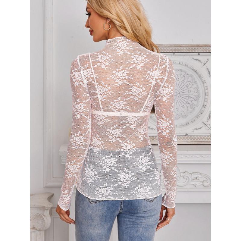 Dames Sheer Kant Mesh Lange Mouw Slim Fit Semi Hoge Hals Casual Basis Blouse