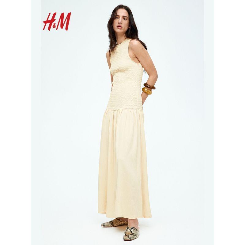 

HM S/S 2025 Women s clothing dress Summer New Wave Wind Sleeveless Pleated Micro Pull Long dress 1275801 Light beige 155/80(XS)