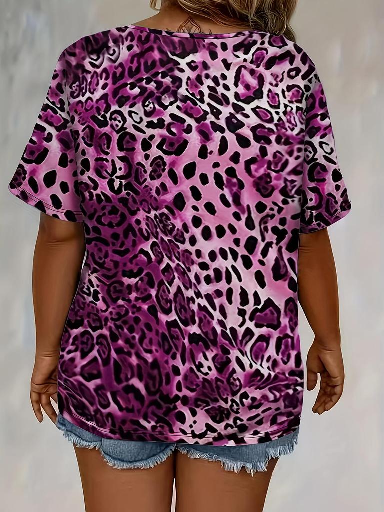 2026 Spring/Summer Plus Size Leopard Print Lace-up Short Sleeve Loose Women's Top