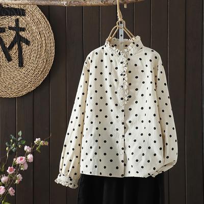 Spring Literary Loose Polka Dot Ruffle Collar Long Sleeved Shirt Women's Shirt Top Blouses & Shirts