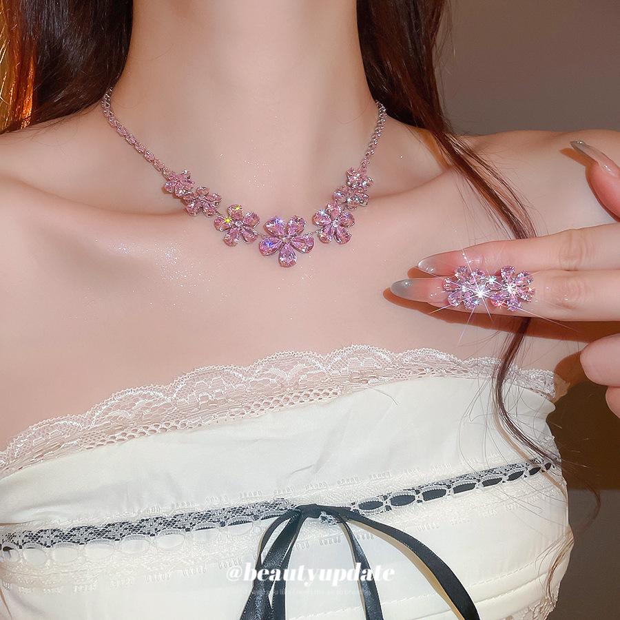 Elegant Water Drop Zircon Flower Earrings & Necklace Set – European & American Court Style Luxury Clavicle Chain for Women