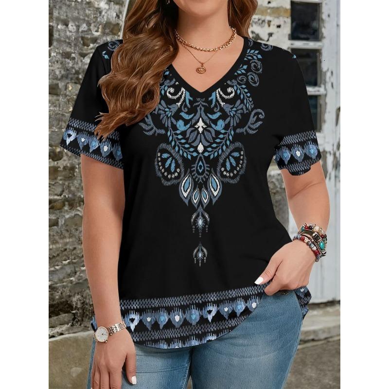 Summer Ethnic Style Floral 3D Print T-Shirts Women's V-Neck Short Sleeve T Shirt Y2k Harajuku Tees Casual Tops Female Clothing