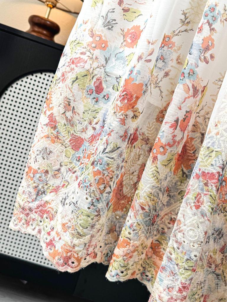 Monet Garden Floral Print Midi Skirt: French A-line Beach Style, Spring/Summer 2026 Collection