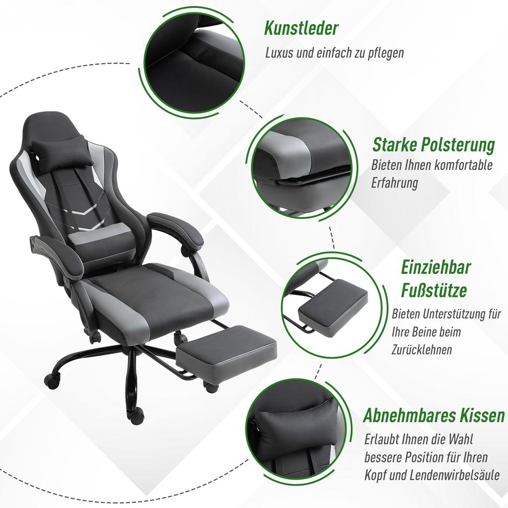 Ergonomic Gaming Chair Office Chair Desk Chair, Swivel Chair Height-Adjustable, Adjustable Lumbar Cushion with Footrest Black 62x52x128 Cm
