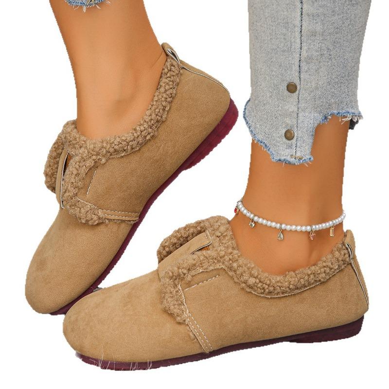 Flat-bottomed one-pedal large-size cotton shoes, new retro velvet warm women's warm fluffy shoes in autumn and winter