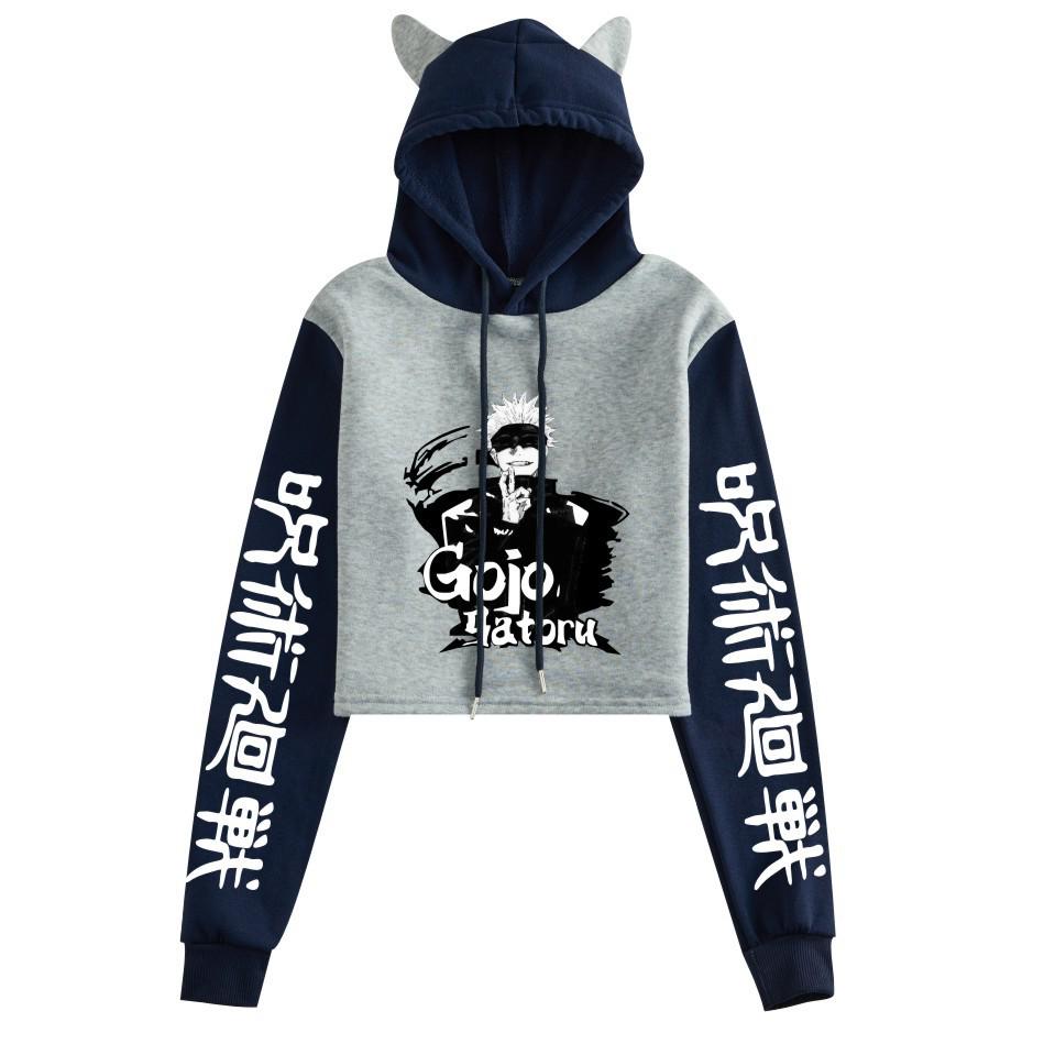 Felpa Crop Top Jujutsu Kaisen 2021 Gojo Satoru con Orecchie da Gatto e Design Color Block