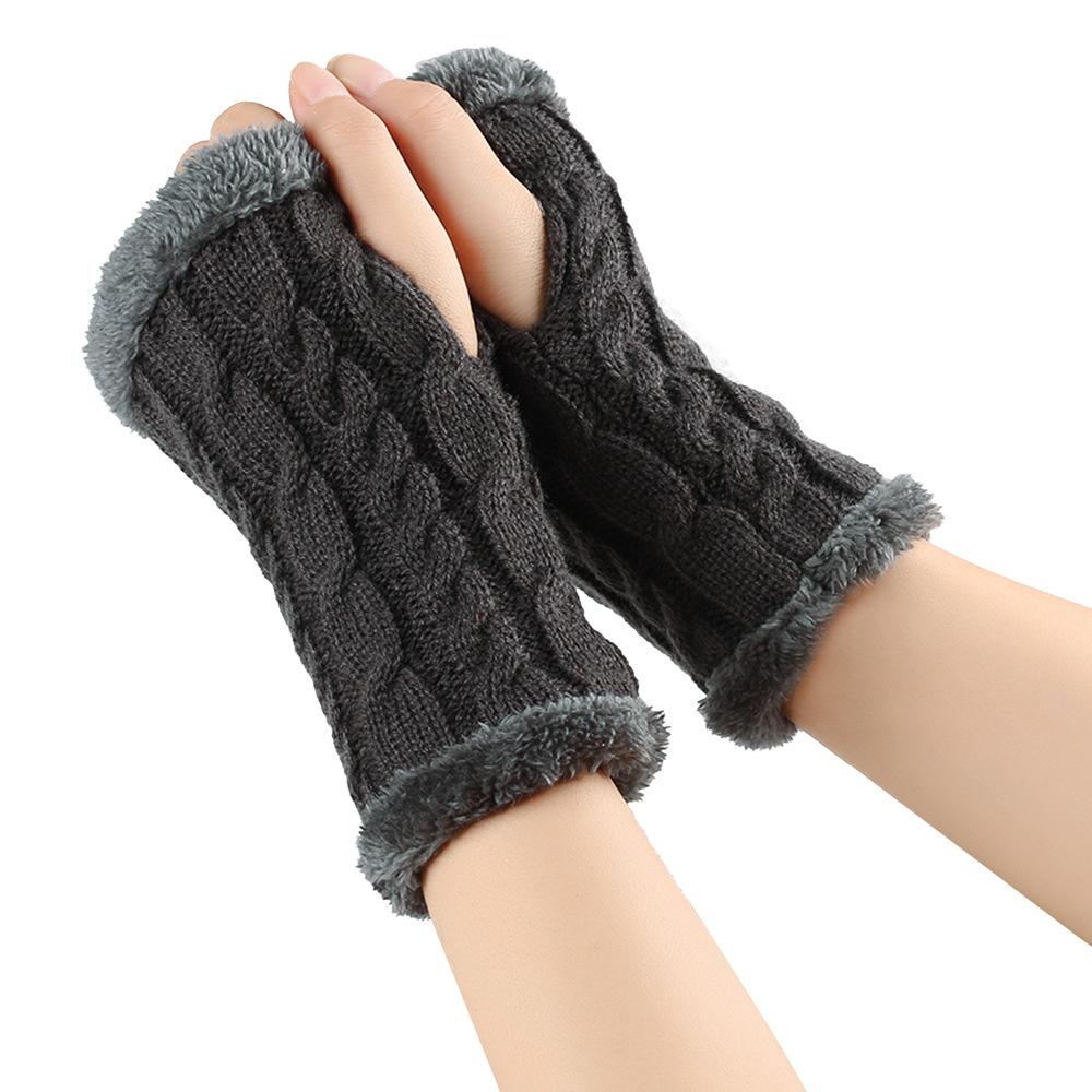 Solid Color Knitting Fingerless Plush Gloves Arm Warmers Thicked Gloves Autumn Winter Mittens For Adult