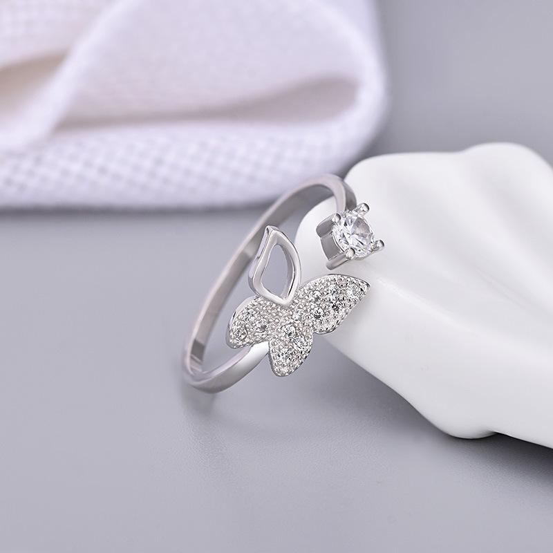 Buyee 925 Sterling Silver Sweet Ring Finger Cute Butterfly White Zircon Open Ring for Women Fashion Trend Fine Jewelry Circle