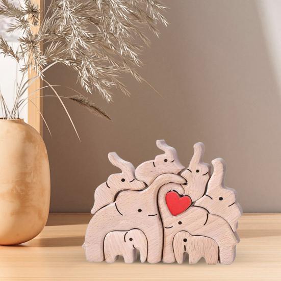 Wooden Elephant Family Puzzle Ornament Love Heart Mother Father Baby