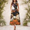 Women Plus Size Sleeveless Keyhole Neck A Line Long Dress Halloween Raccoon Pumpkin Print