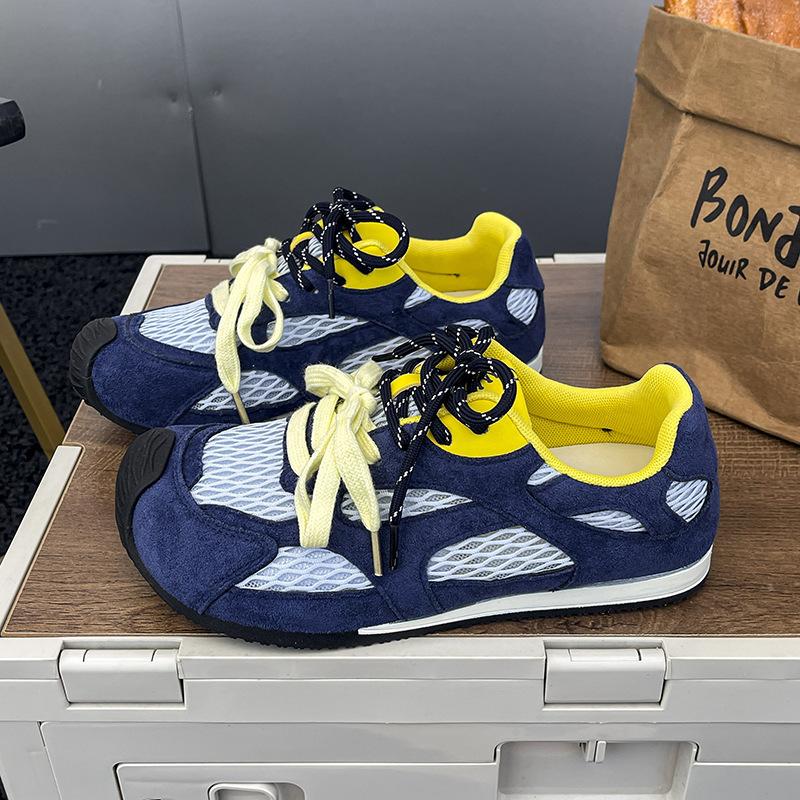 Korean version of color matching mesh splicing German training shoes 2025 autumn height increase medium heel leisure sports style lace-up single shoes