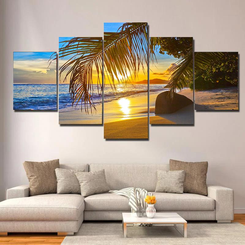 5 pieces Seaside Landscape Canvas Painting, Sunrise, Sunset, Coconut Trees and Ocean Waves, For Home Room Hotel Decor, No Frame