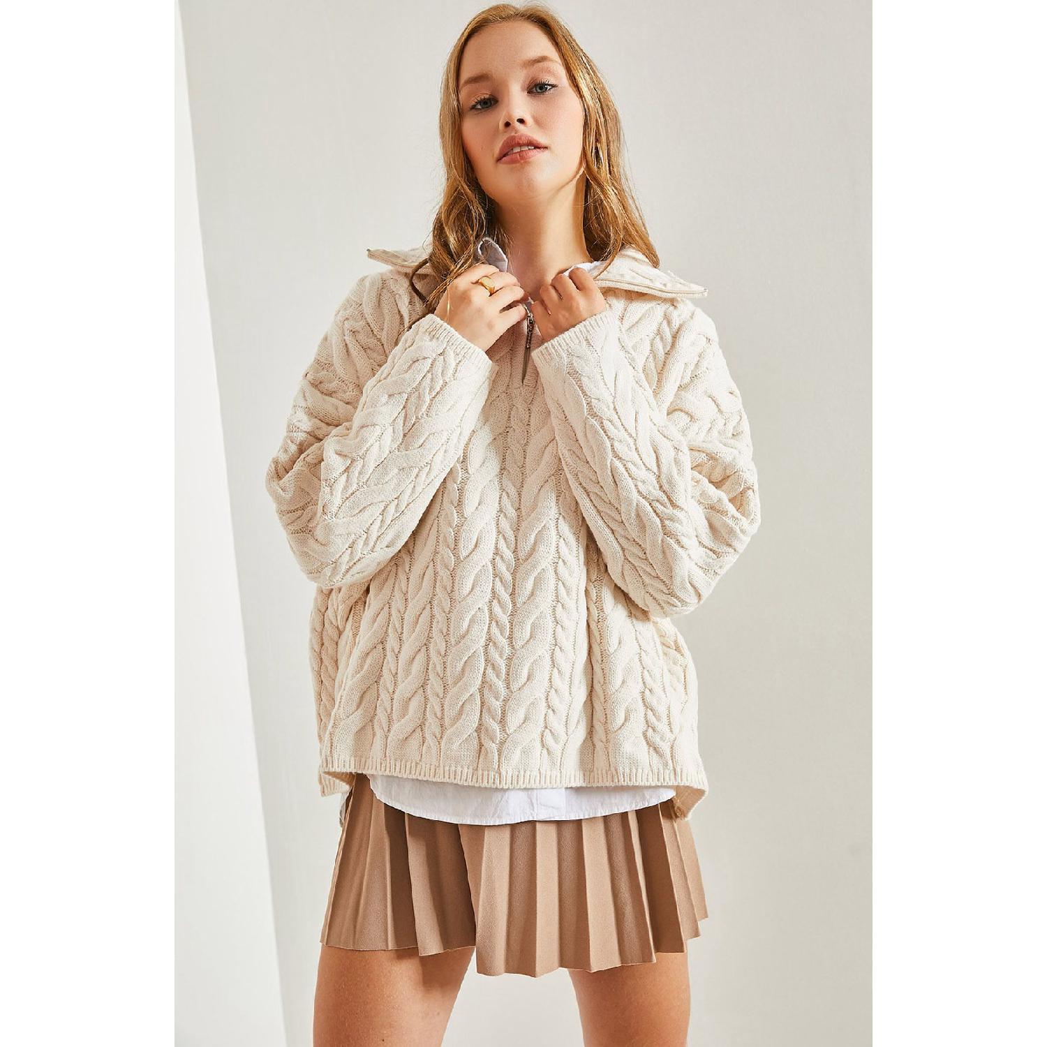

Women s Turtleneck Zippered Patterned Knitwear Sweater Standart екрю