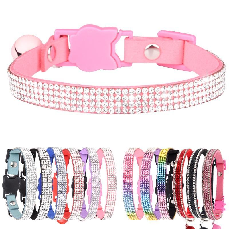 Pet Collar Shiny Rhinestone Color Anti-bridle Suede Soft and Comfortable Bell Style Cat Leash Collar