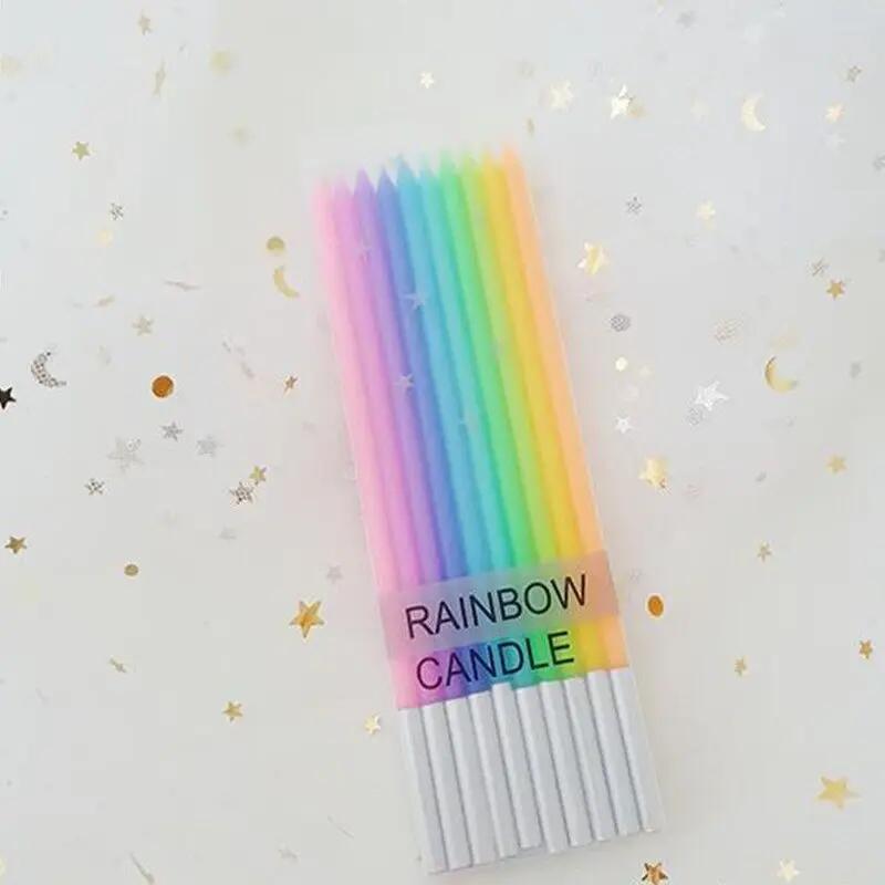 

1 набор длинных радужных свечей для торта, свечи для дня рождения, длинные тонкие свечи в подставках для украшения торта на день рождения, свадьбу