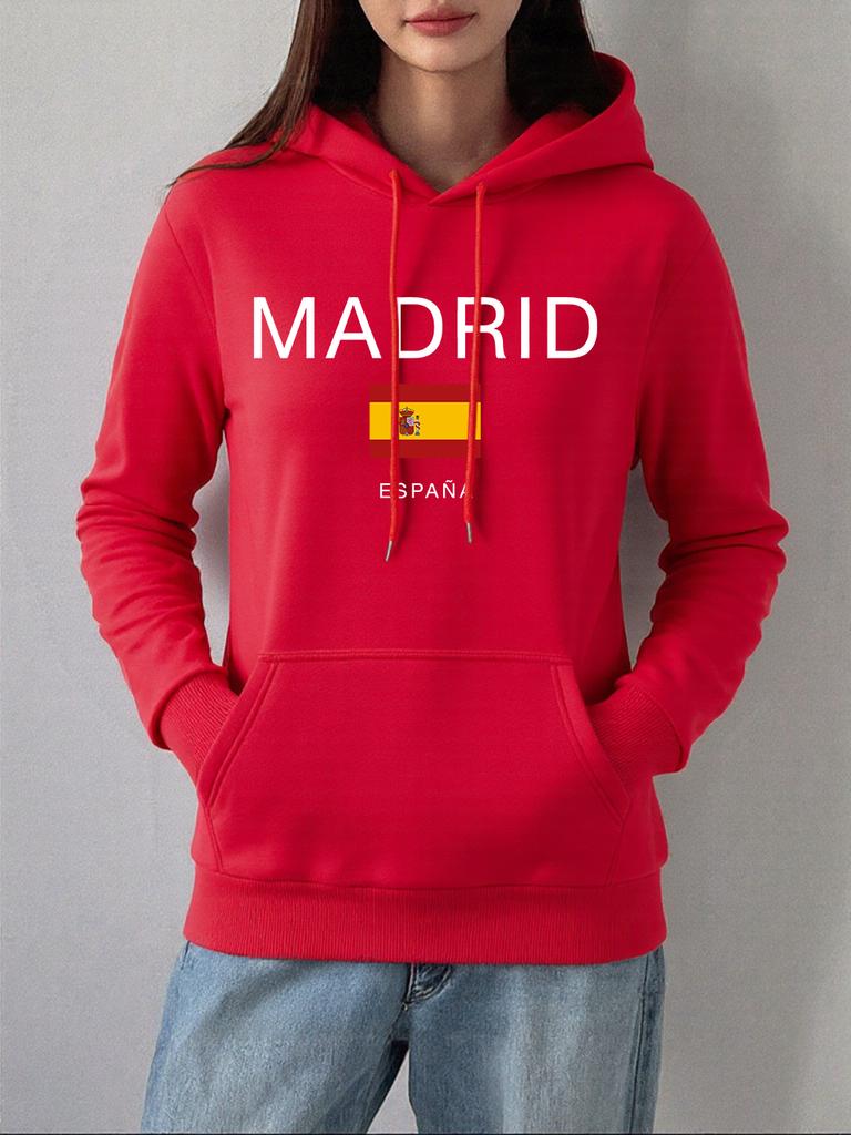 Madrid Spain Flag Printing Hoodies Women Autumn Winter Fleece Warm Sweatshirt Basics Pocket Pullover Casual Loose Womans Clothes