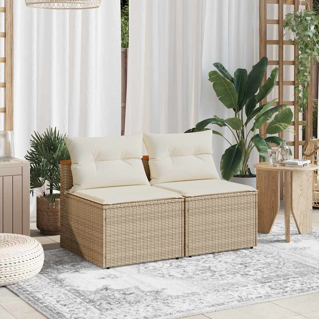 Garden Sofas without Armrests with Cushions 2 pcs Beige Poly Rattan