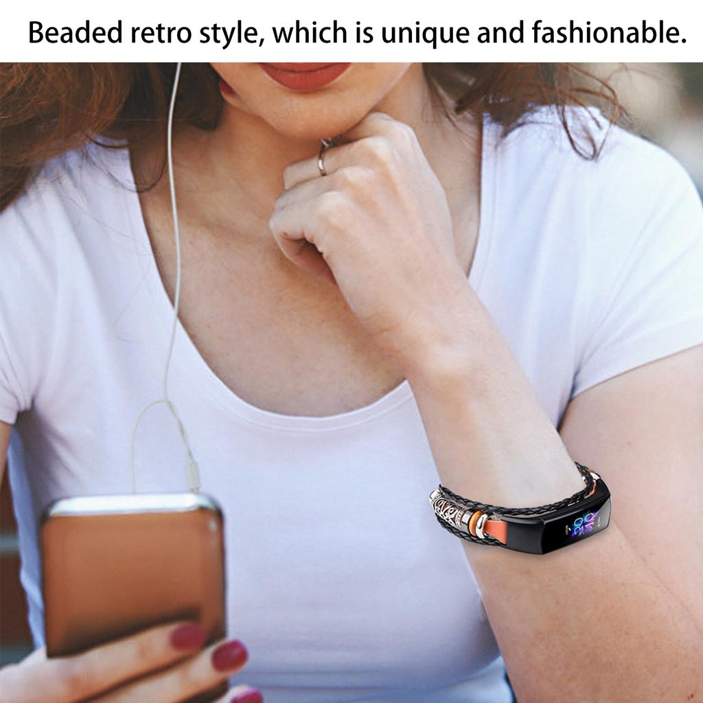 Retro Sports Watch Band Metal Beads Leather Wrist Watch Strap Replacement for 5 4