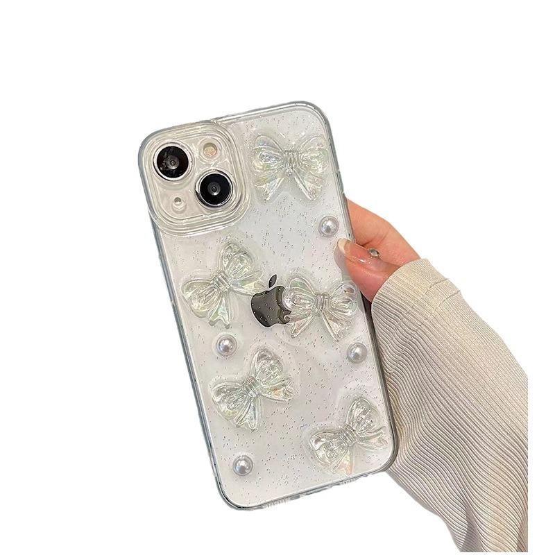 Wind Glitter Pink Bow Pearl Phone Case For Apple 17Promax Fine Hole Iphone 16 All-Inclusive 14