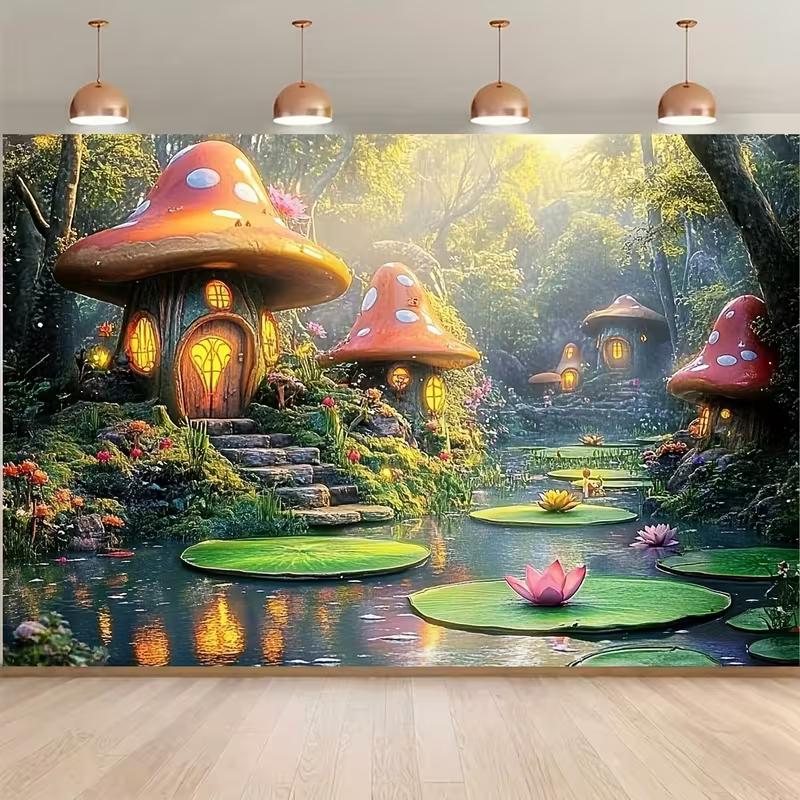 

2D Flat Printing Magical Mushroom House Backdrop for Kids Fairy Tale Party Photoshoot 47.2x31.5inch/120*80cm