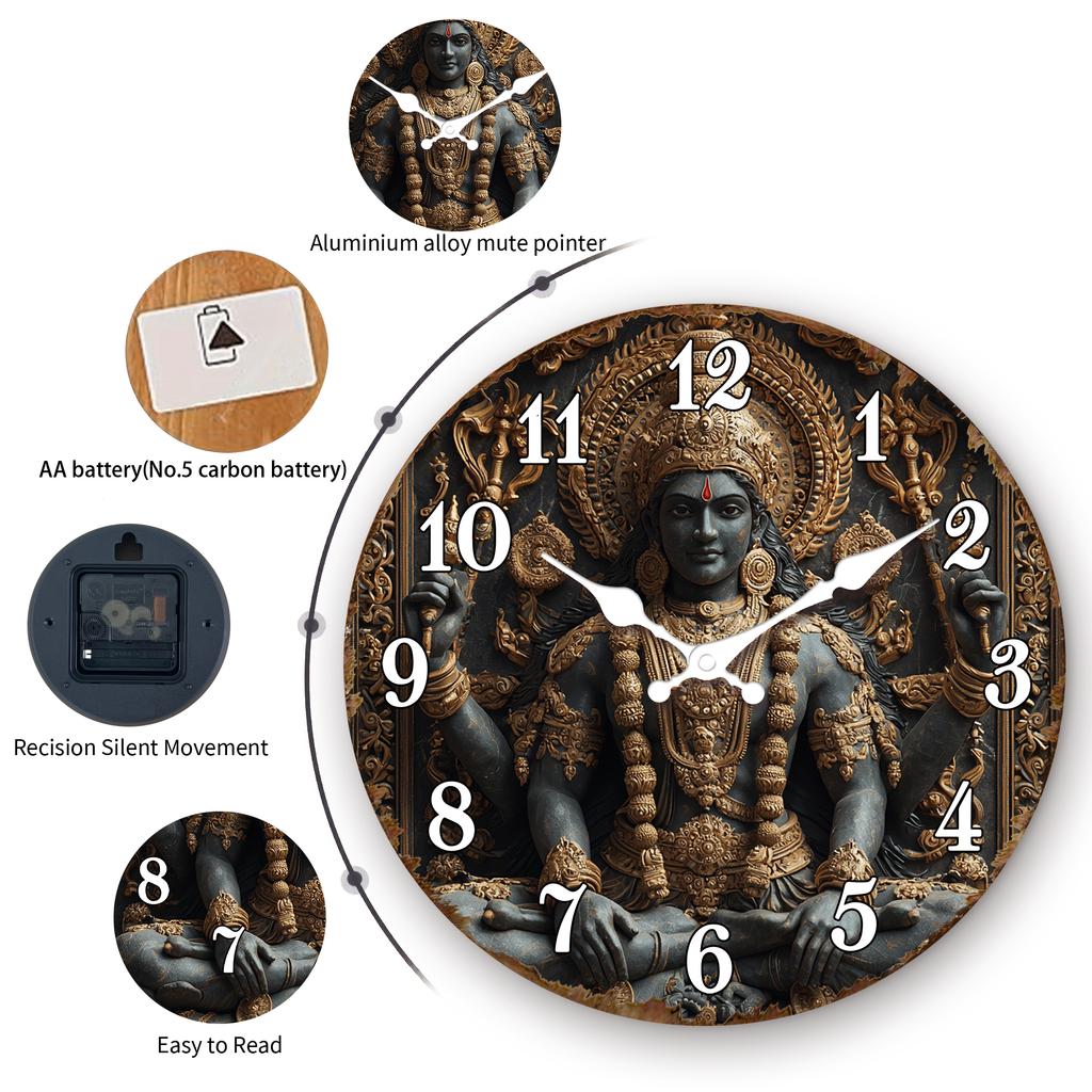 Intricate Hindu Goddess Statue Design Round Wall Clock, Spiritual Decorative Clock with Ornate Details, Unique Wall Watch for Me