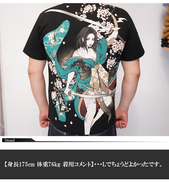 Battou Musume Karakuri Tamashii Japanese Pattern T-Shirt, Men's, Short Sleeve, Rin, 252138-20, Black-XL