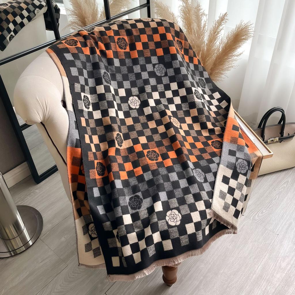 Korean Version Plaid Camellia Fashion Decoration Medium And Long Imitation Cashmere Women'S Thermal Scarf Air Conditioner Shawl