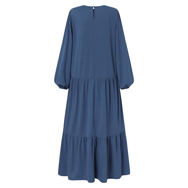 Minimalist Design Round Neck Pleated Loose Mid Length Long Sleeved Dress for Women Casual Dresses