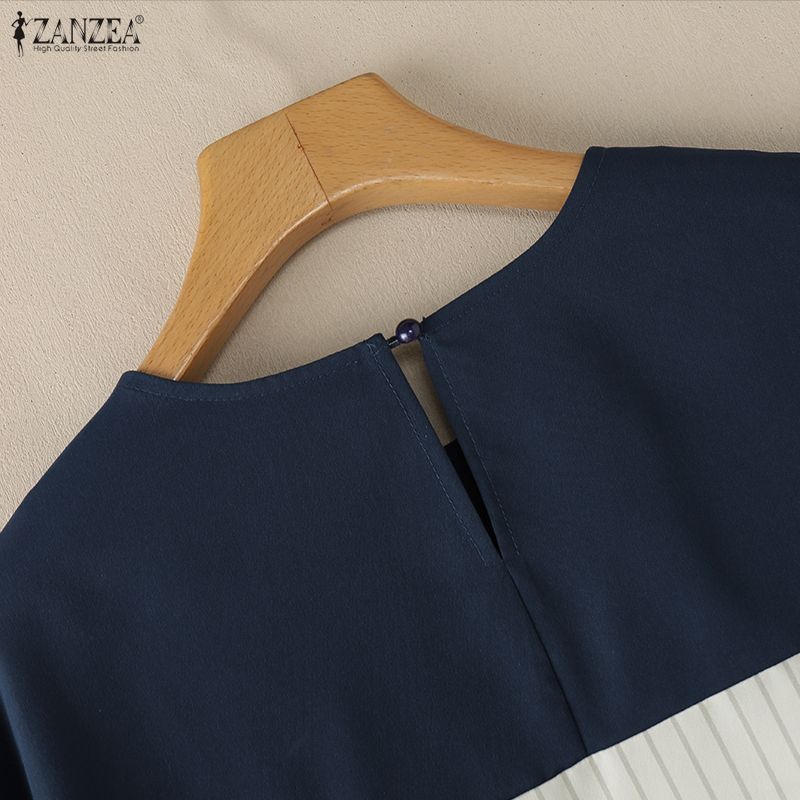 ZANZEA Women Casual Round Neck Loose Stripe Patchwork 3/4 Sleeve Blouse