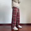Mens Vintage Plaid Wool Blend Pants Fall Winter Fleece Lined Wide Leg Loose Casual Trousers