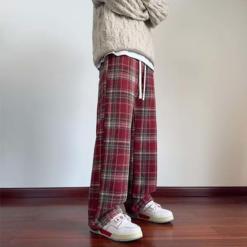 Mens Vintage Plaid Wool Blend Pants Fall Winter Fleece Lined Wide Leg Loose Casual Trousers