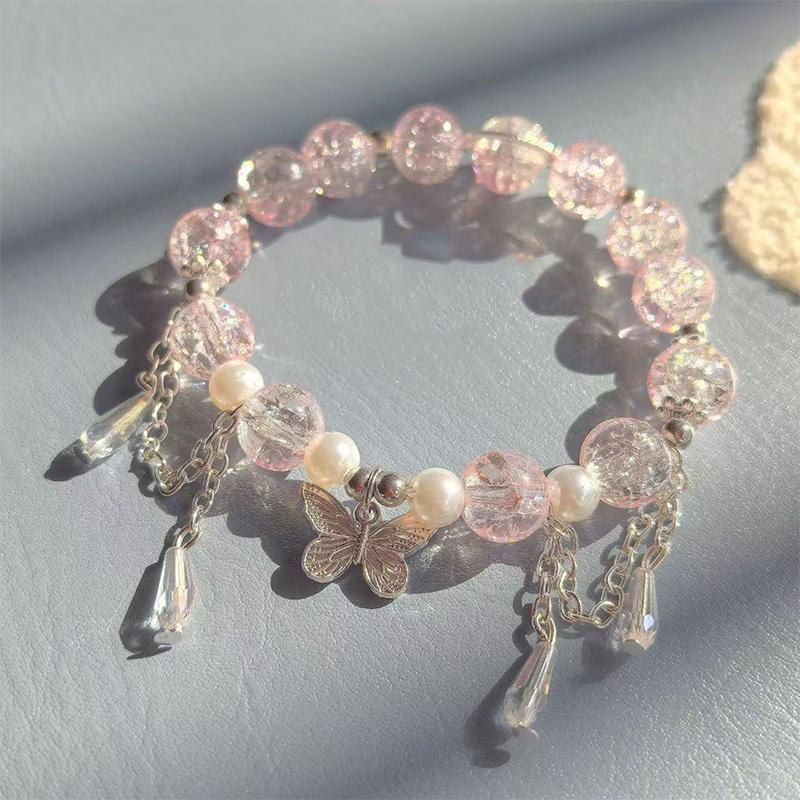 Korean Ins Pink Crystal Butterfly Pendant Beaded Bracelet For Women Girls Sweet Beaded Chain Bracelet Jewelry Gifts