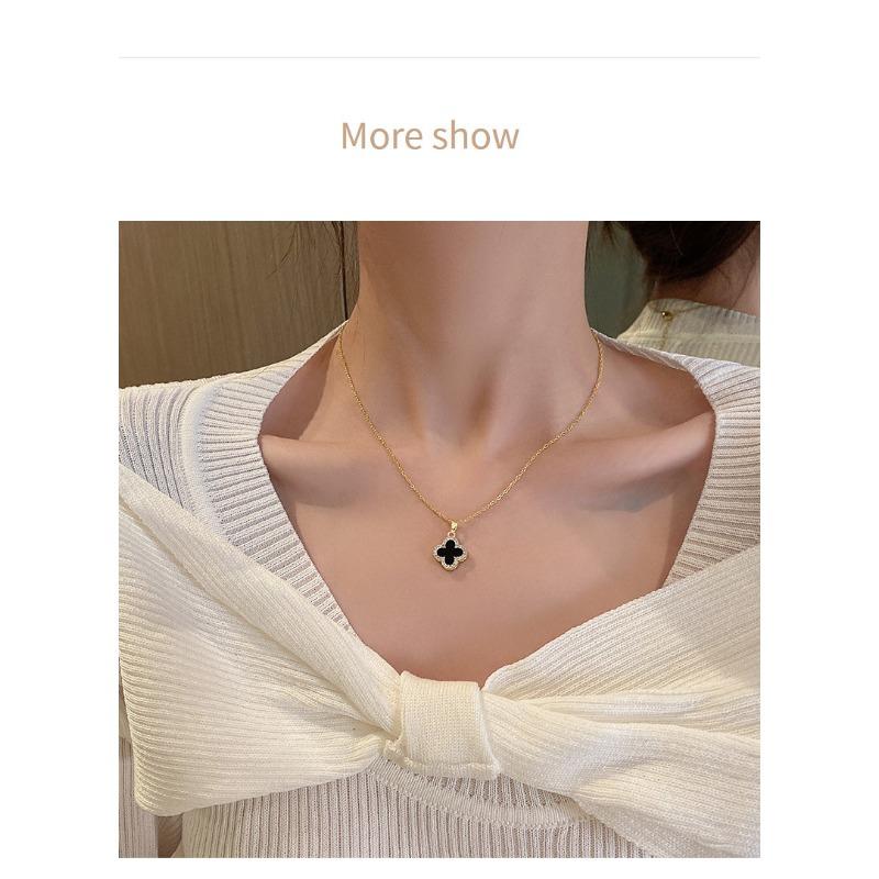 Fashion Commuter Double Sided Four Leaf Clover Zircon Pendant Clavicle Necklace For Women