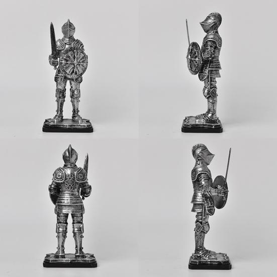 Medieval Knight Figurine, Vintage Resin Statue with Metallic Finish, Handcrafted Armor & Shield Details for Bookshelf, Office Desk Decor, Industrial