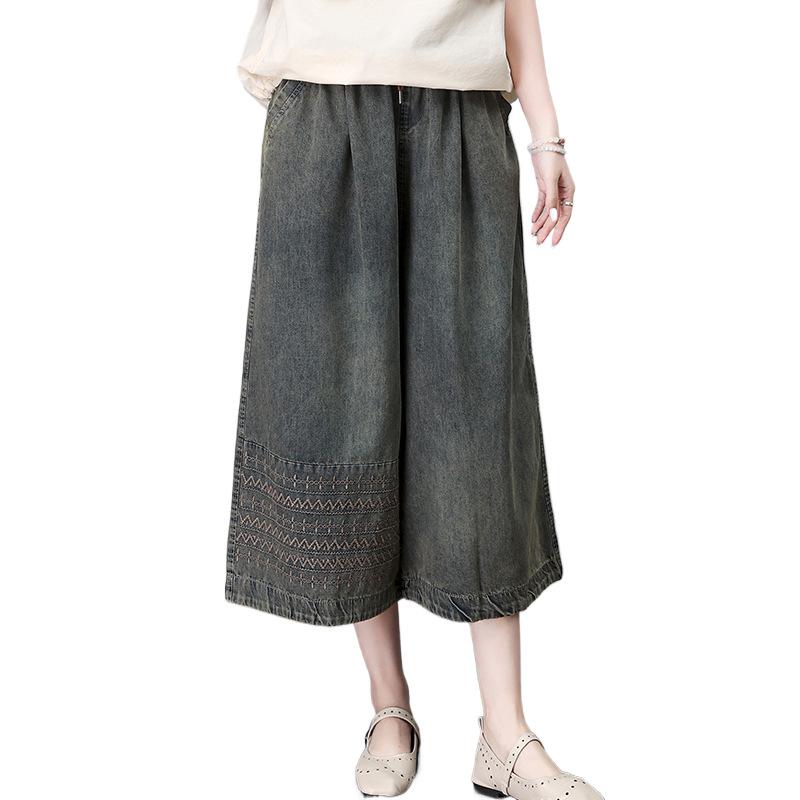 Pantaloni de damă retro brodați cu picior larg din denim cu șnur, talie înaltă, croi scurt pentru vara 2024