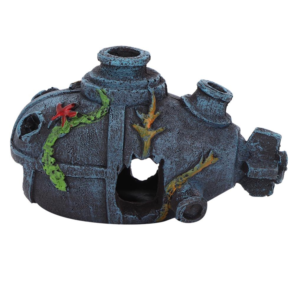 Hollow Cave Submarine Wreck Ornament Blue Weathered Finish Fish Tank Ornament  Sunken Ship Decor