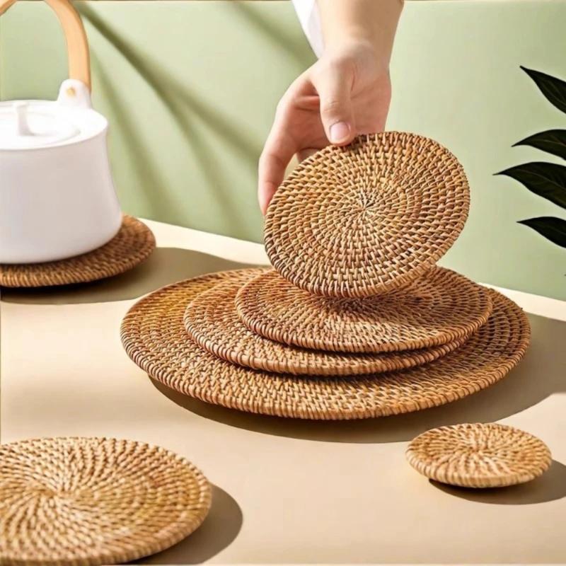 1Pc Vine Woven Mat, Heat-resistant Cup Mat, Pot Mat, Heat Insulation Mat, Kitchen Wooden Storage Tea Set Accessories, Cup Mat
