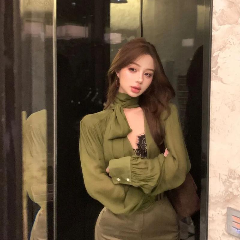 

Green Pure Lust Sexy Design Niche V-neck Ribbon Long-sleeved Shirt Top for Women S зелёный